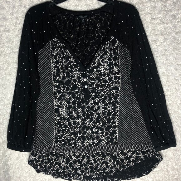 Lucky Brand‎ Moon Mix Peasant Boho Women's Blouse Black Size Large - Picture 1 of 4